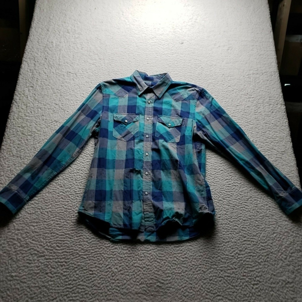 American Eagle Outfitters Shirt Mens Large Blue Plaid Western Snap Long Sleeve